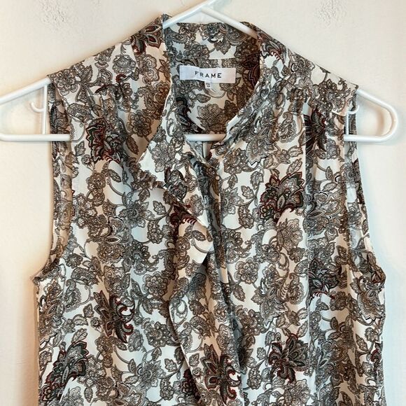 FRAME women 100% silk sleevless paisley button up mock neck top office size XS! - Picture 2 of 13